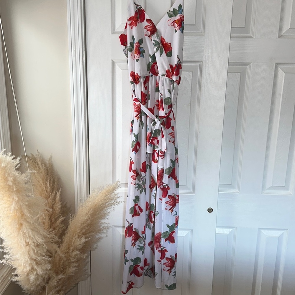 Long floral maxi dress back with shorts combo! Adjustable straps, tie in front